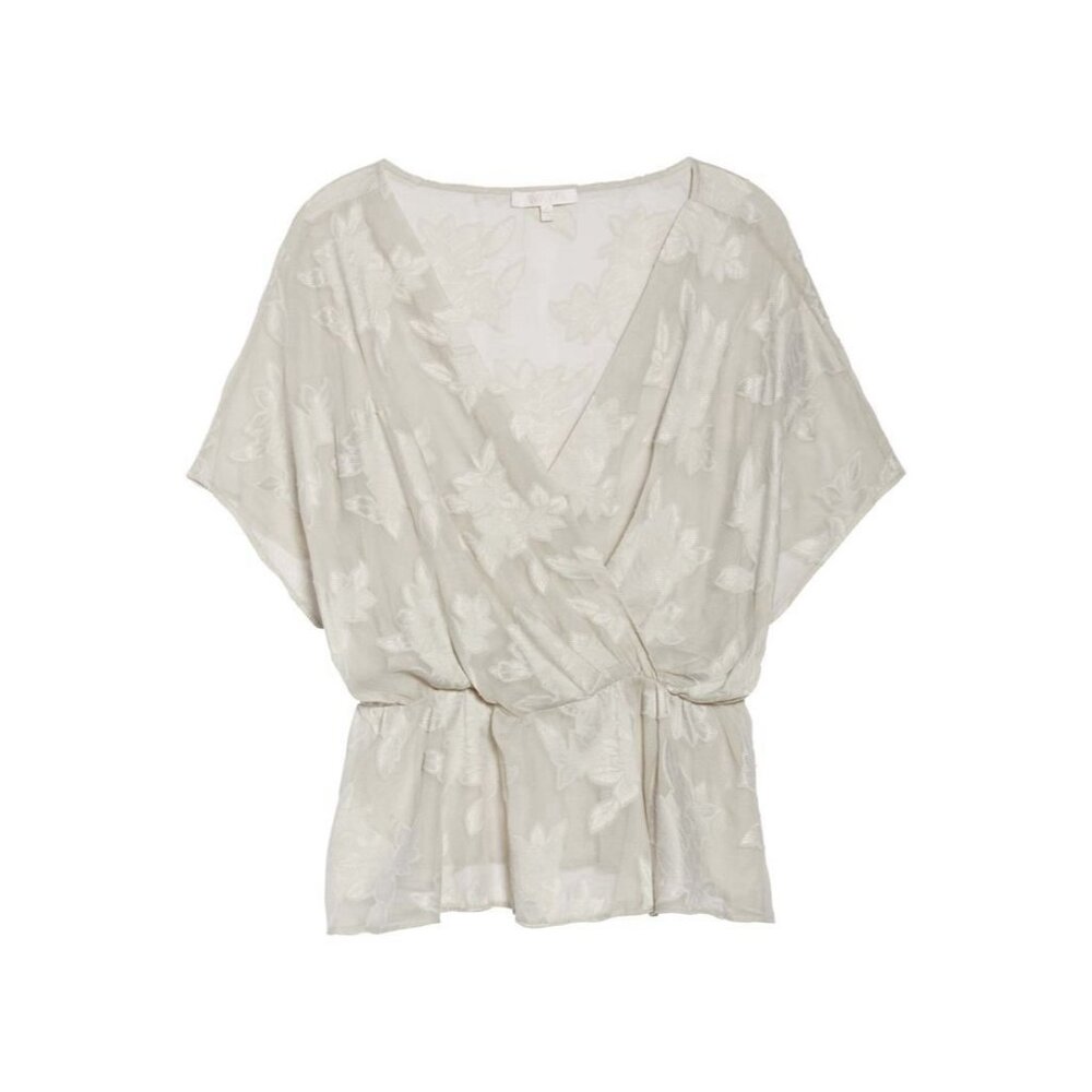 WAYF Gray Neutral Sheer Floral Dean Crossover Peplum‎ Blouse Top Size 1X